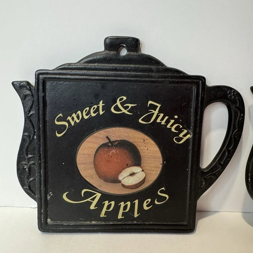 Vintage Apple Teapot Wall Plaque Trivet Set Country Farm Kitchen Decor