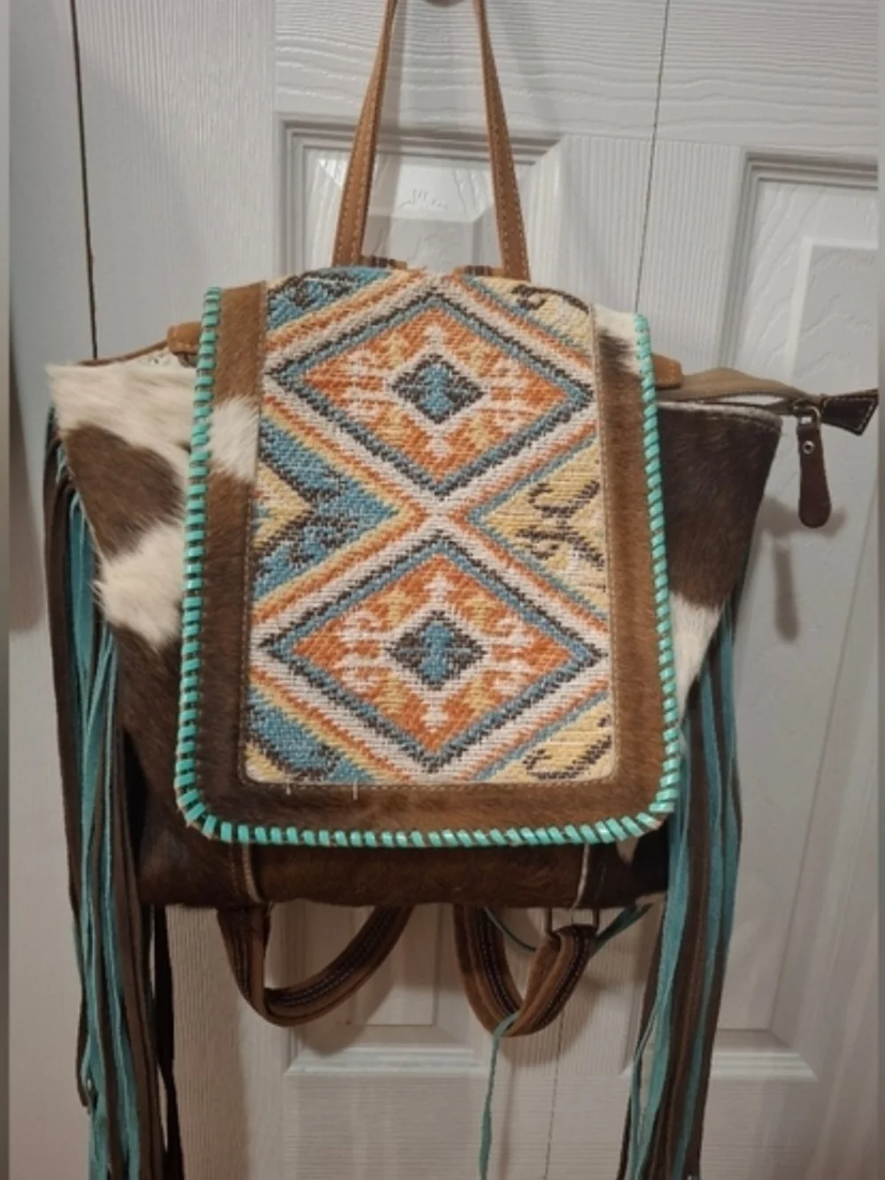 MYRA Pink Vanilla Boho Turquoise & Brown Fringe Backpack - Western Pattern