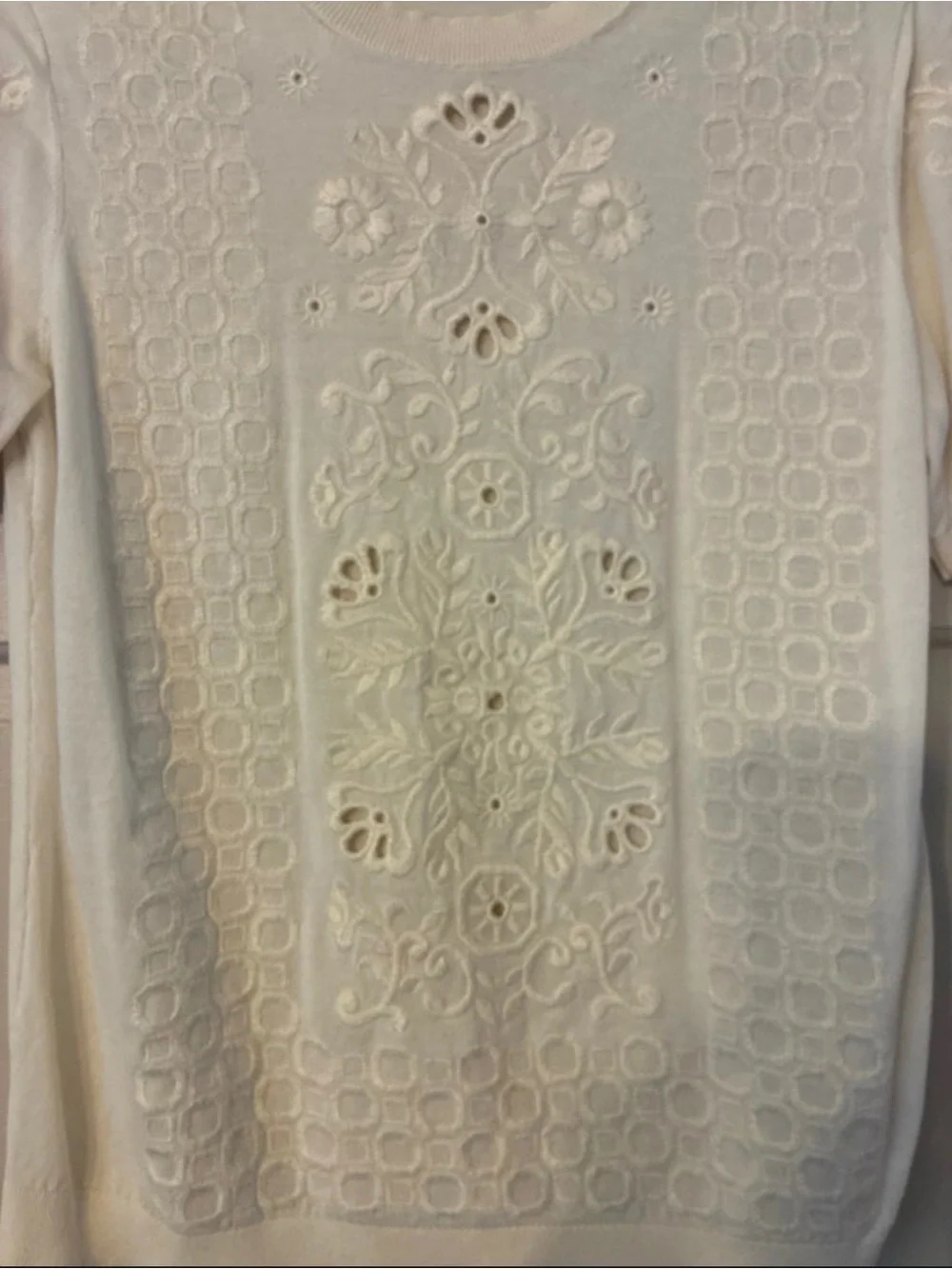 Tory Burch Cream Embroidered Short Sleeve Knit Sweater Top - Size S/P