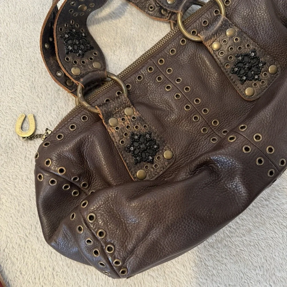 Vintage Betsey Johnson Shoulder Bag Brown Leather Medium Studded Hobo Purse Y2K