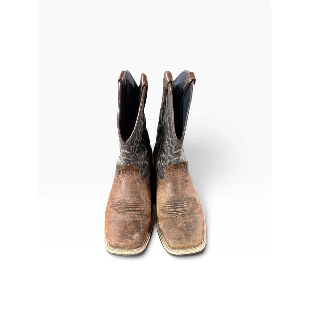 Ariat Kids Brown Blue Leather Square Toe Western Cowboy Boots READ