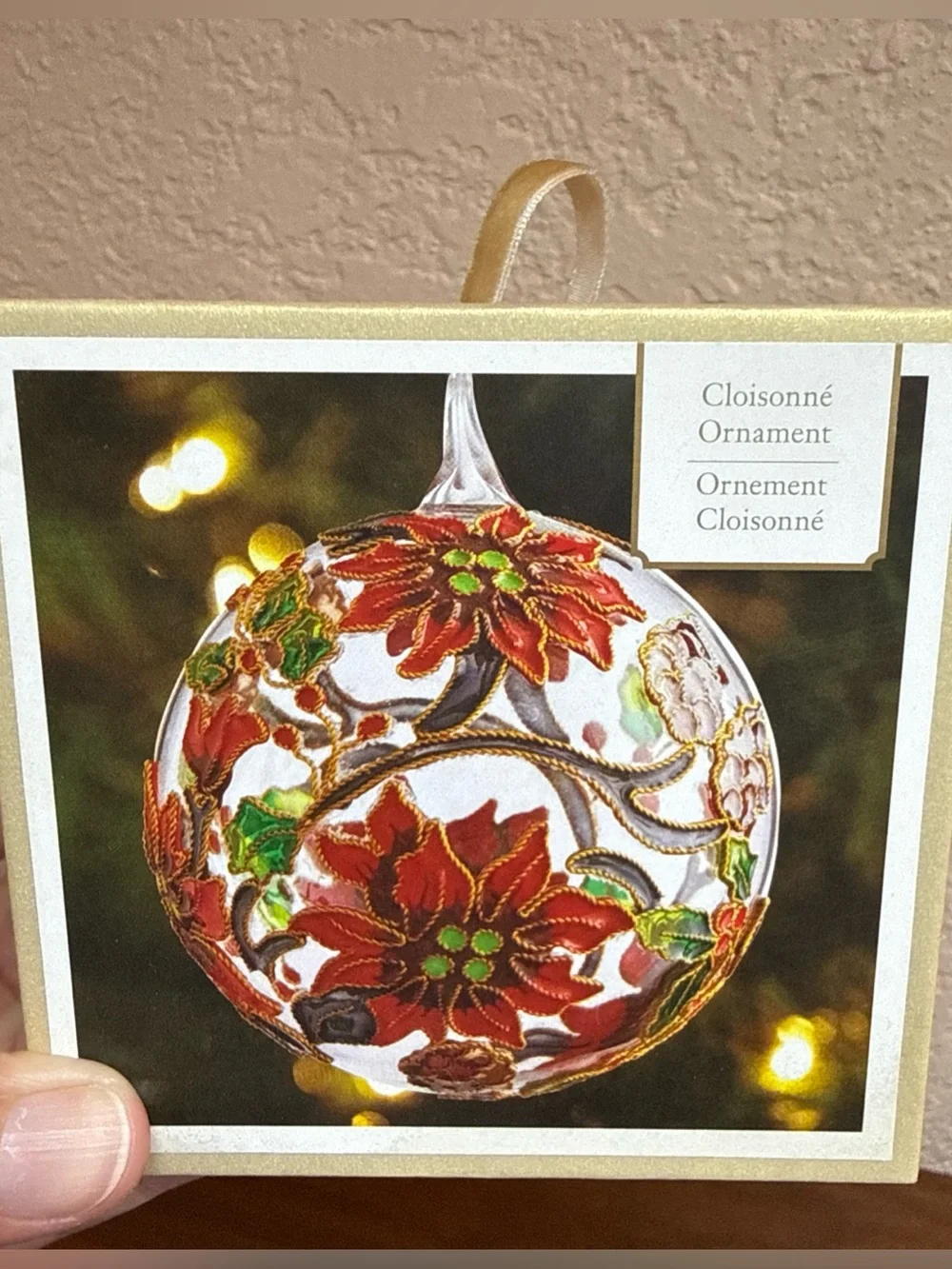 Pier 1 Cloisonné Round Ball Glass‎ Poinsetta 2D Ornament With Box retired
