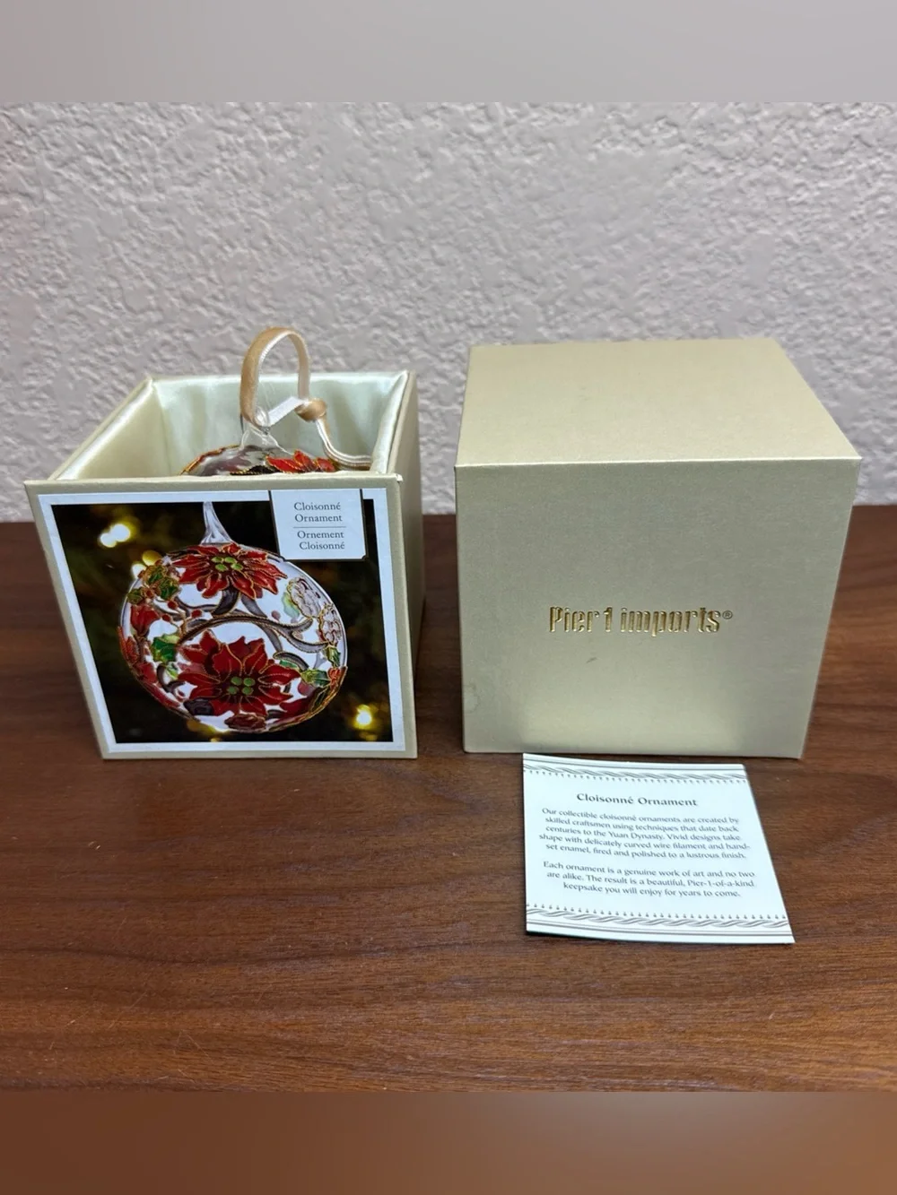 Pier 1 Cloisonné Round Ball Glass‎ Poinsetta 2D Ornament With Box retired