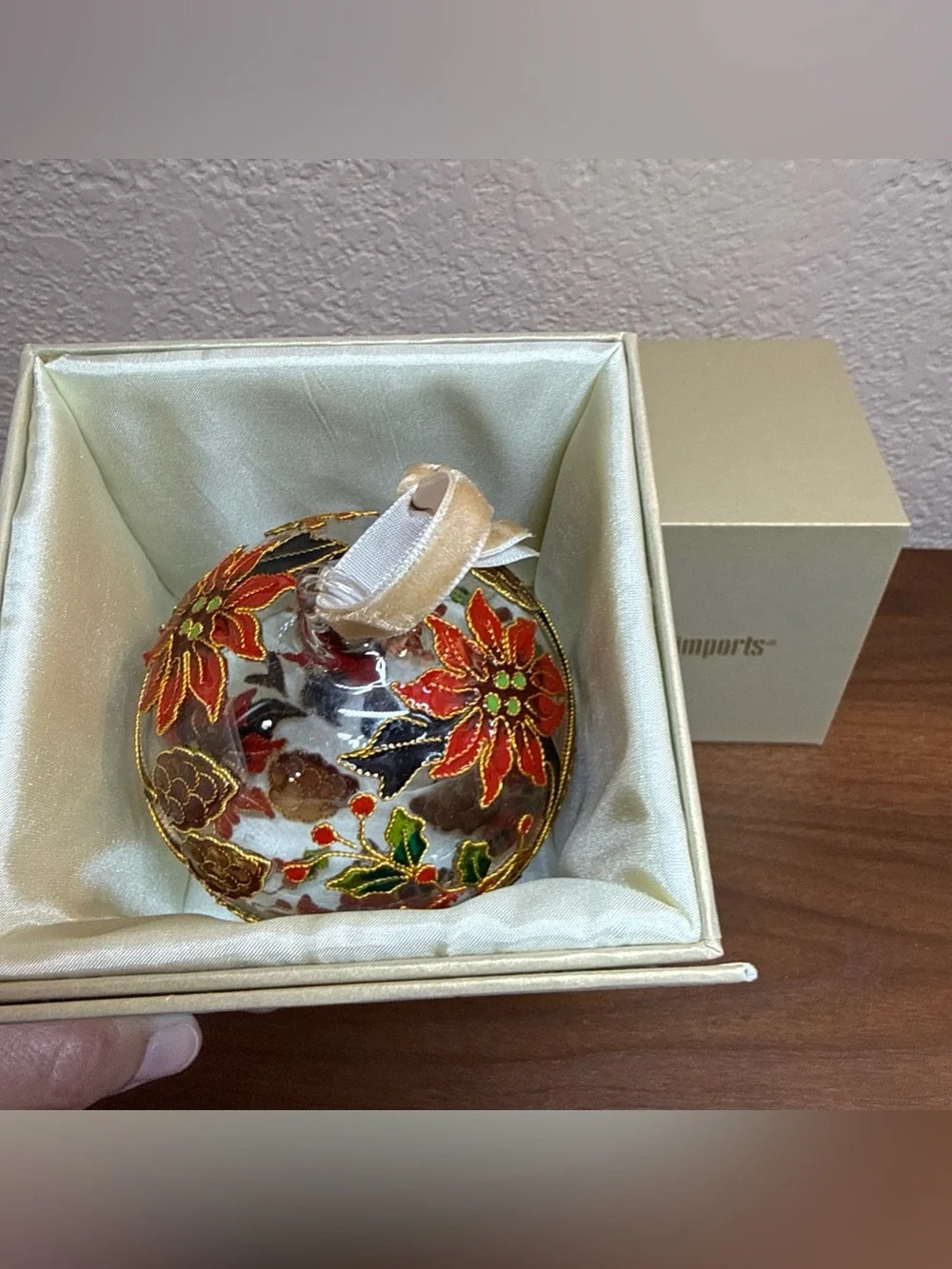 Pier 1 Cloisonné Round Ball Glass‎ Poinsetta 2D Ornament With Box retired