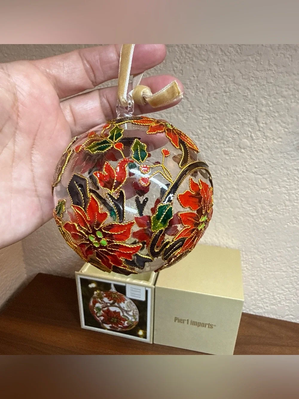 Pier 1 Cloisonné Round Ball Glass‎ Poinsetta 2D Ornament With Box retired