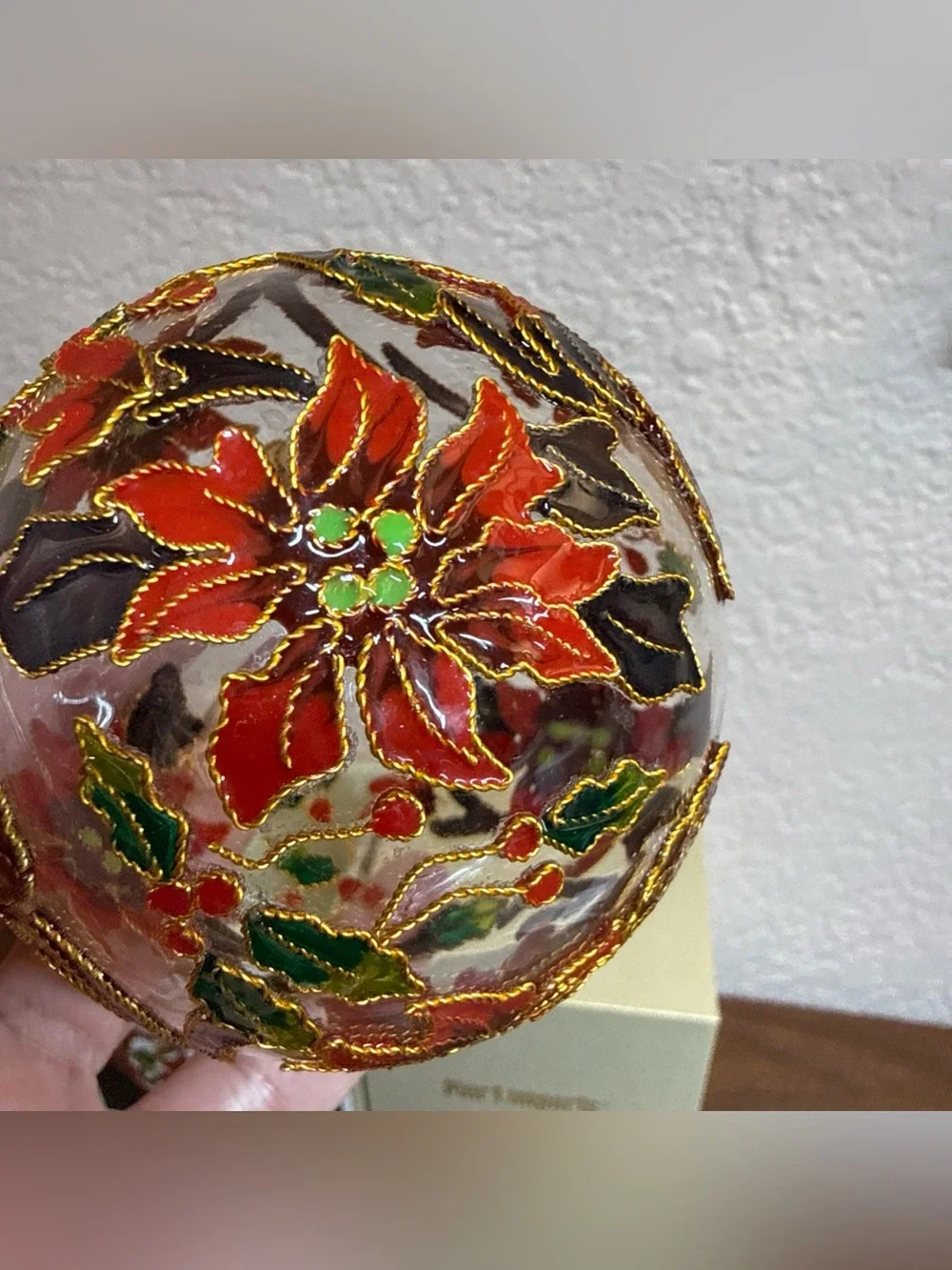 Pier 1 Cloisonné Round Ball Glass‎ Poinsetta 2D Ornament With Box retired