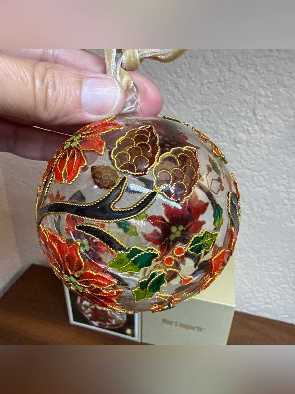 Pier 1 Cloisonné Round Ball Glass‎ Poinsetta 2D Ornament With Box retired