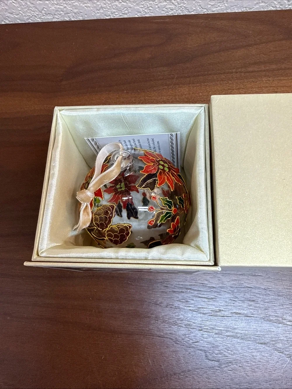 Pier 1 Cloisonné Round Ball Glass‎ Poinsetta 2D Ornament With Box retired