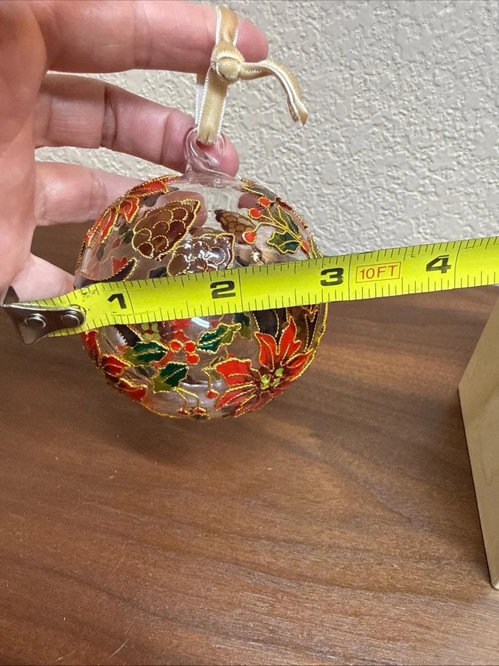 Pier 1 Cloisonné Round Ball Glass‎ Poinsetta 2D Ornament With Box retired
