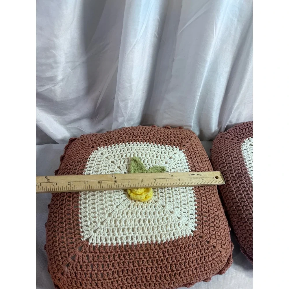Crochet Throw Pillows 14x14 Brown Cream Yellow Rose Floral Set of 2