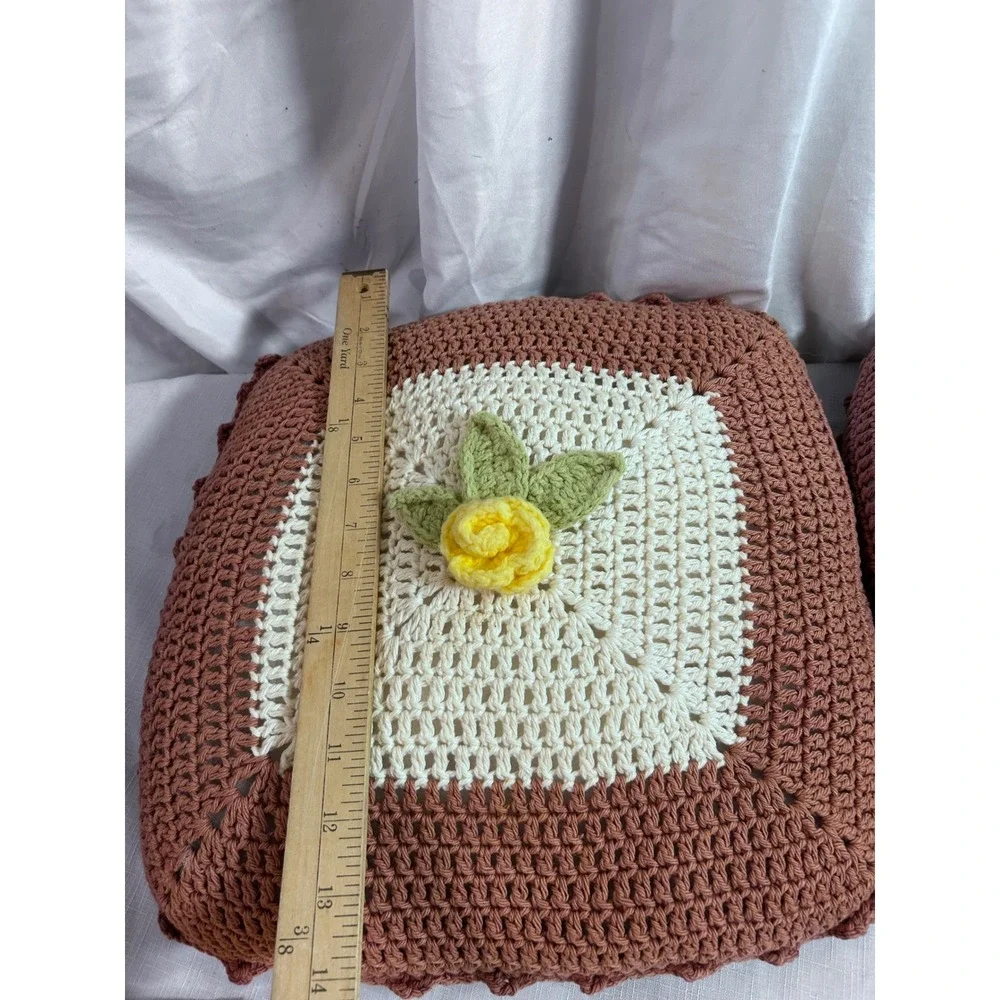 Crochet Throw Pillows 14x14 Brown Cream Yellow Rose Floral Set of 2