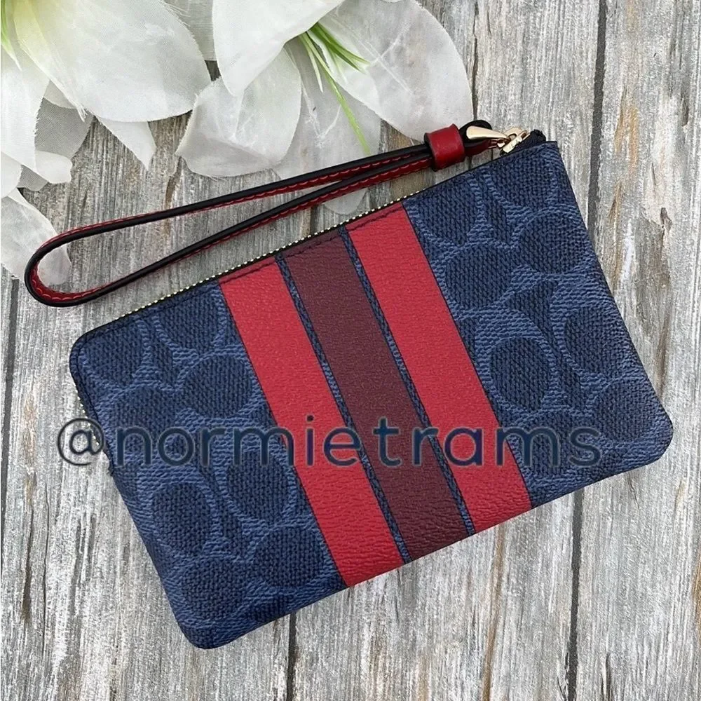 Coach Corner Zip Wristlet In Signature Canvas With Varsity Stripe Wallet Bag
