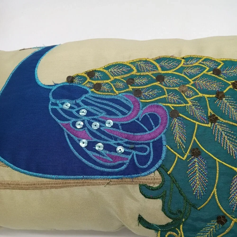 Vintage Peacock Accent Pillow THRO by Marlo Lorenz Embroidered Sequin 10X18