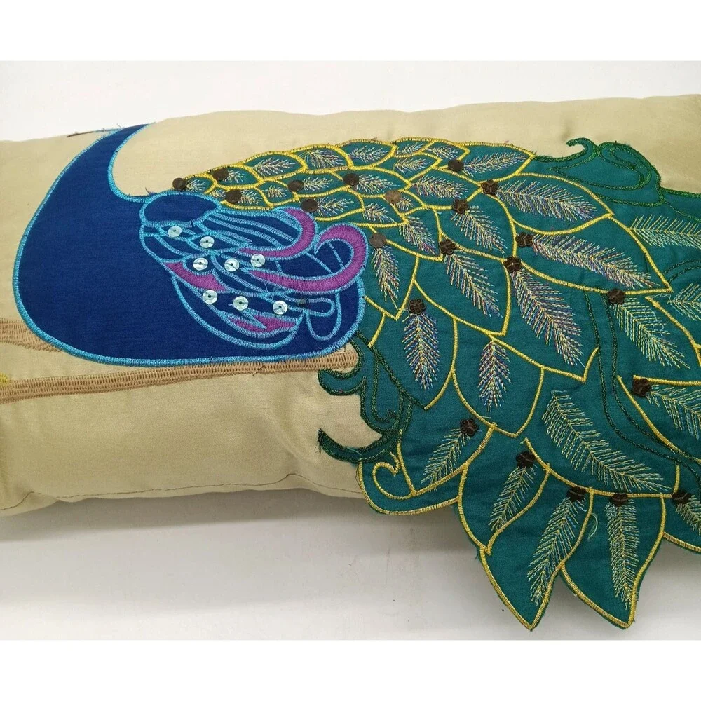 Vintage Peacock Accent Pillow THRO by Marlo Lorenz Embroidered Sequin 10X18