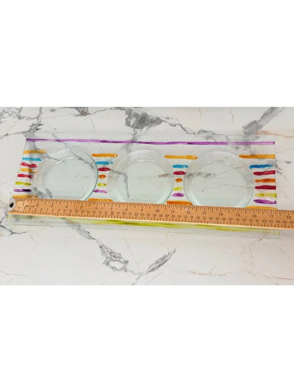 Colorful Fused Glass Condiment Server Tray Hand Painted Striped Appetizer Dish