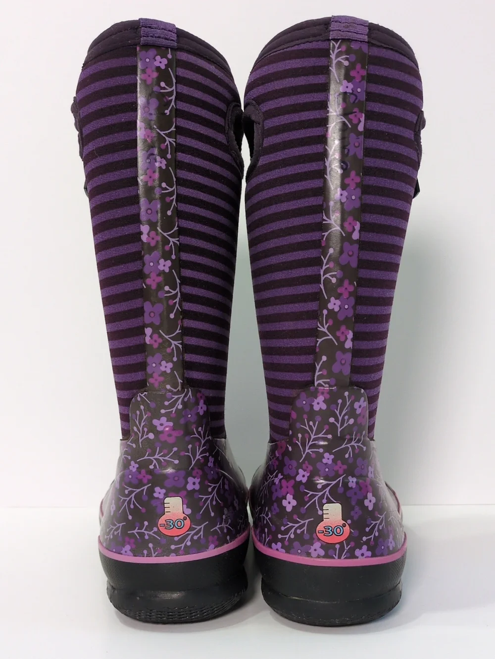 Bogs Waterproof Winter Rain Boots Purple Floral Striped Youth 6 / EUR 39