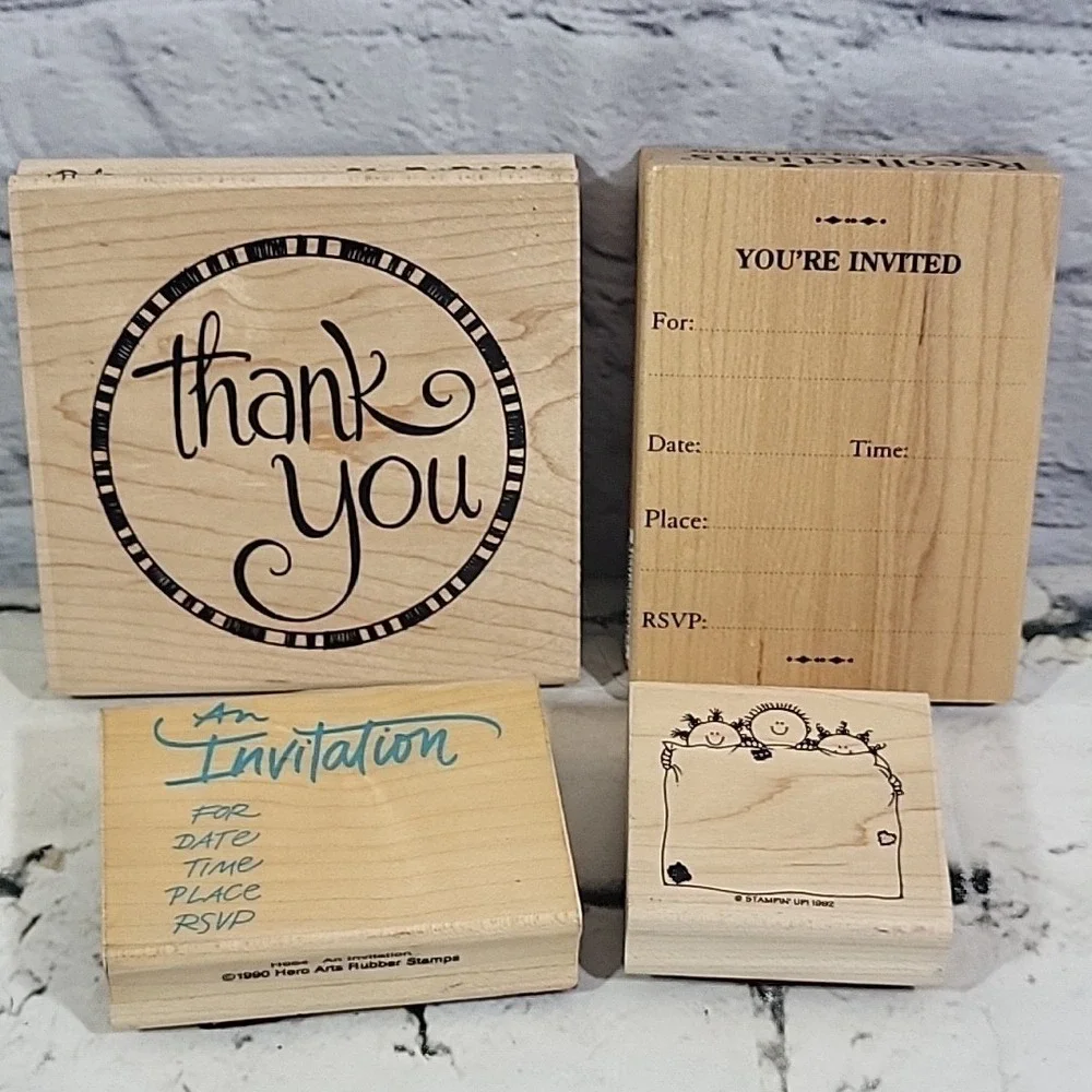 Large Rubber Stamps Party Invitation Lot Thank You You're Invited Mounted Crafts