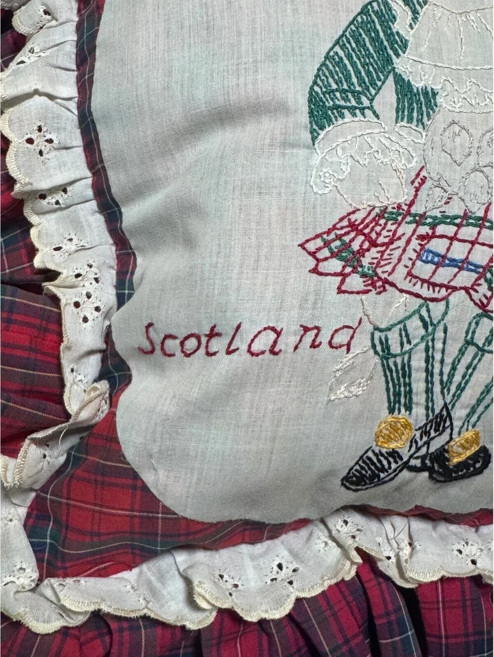 Vintage Embroidered Throw Pillow Scotland Red Plaid Tartan Small 14