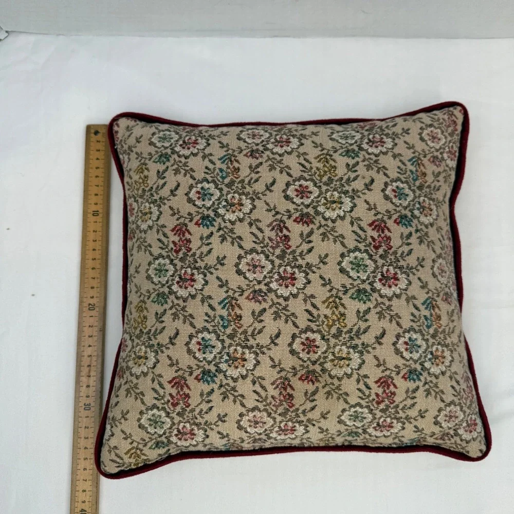 Vintage Floral Tapestry Throw Pillow Burgundy Velvet Piping Square Accent 15x15
