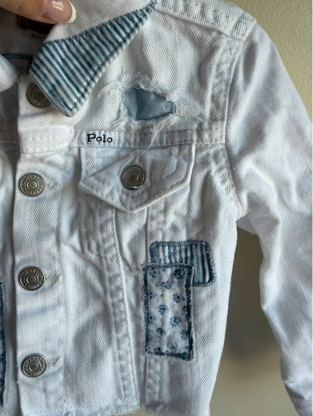 Polo Ralph Lauren White Patchwork Distressed Cropped Denim Jacket 2T