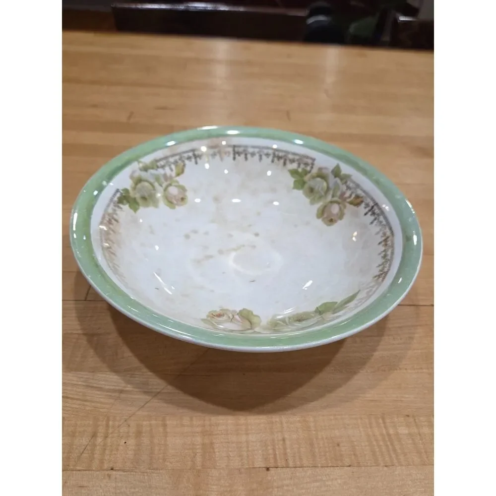 Antique Dresden China Green Border Floral Cabbage Rose Bowl 9 Inch