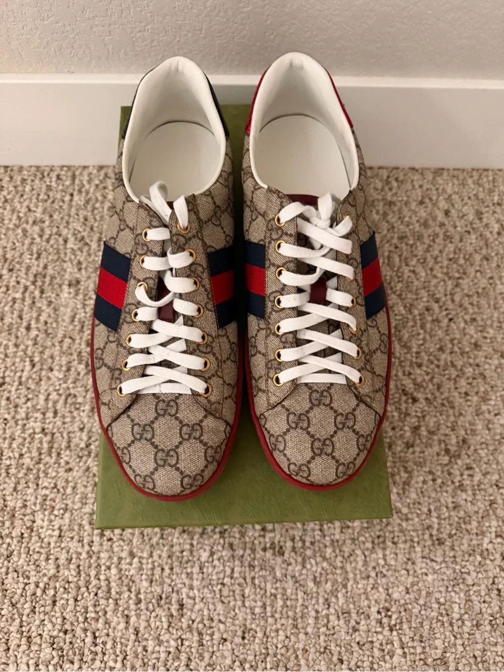 Gucci Beige GG Supreme Canvas Sneaker with Red & Blue Web Stripe