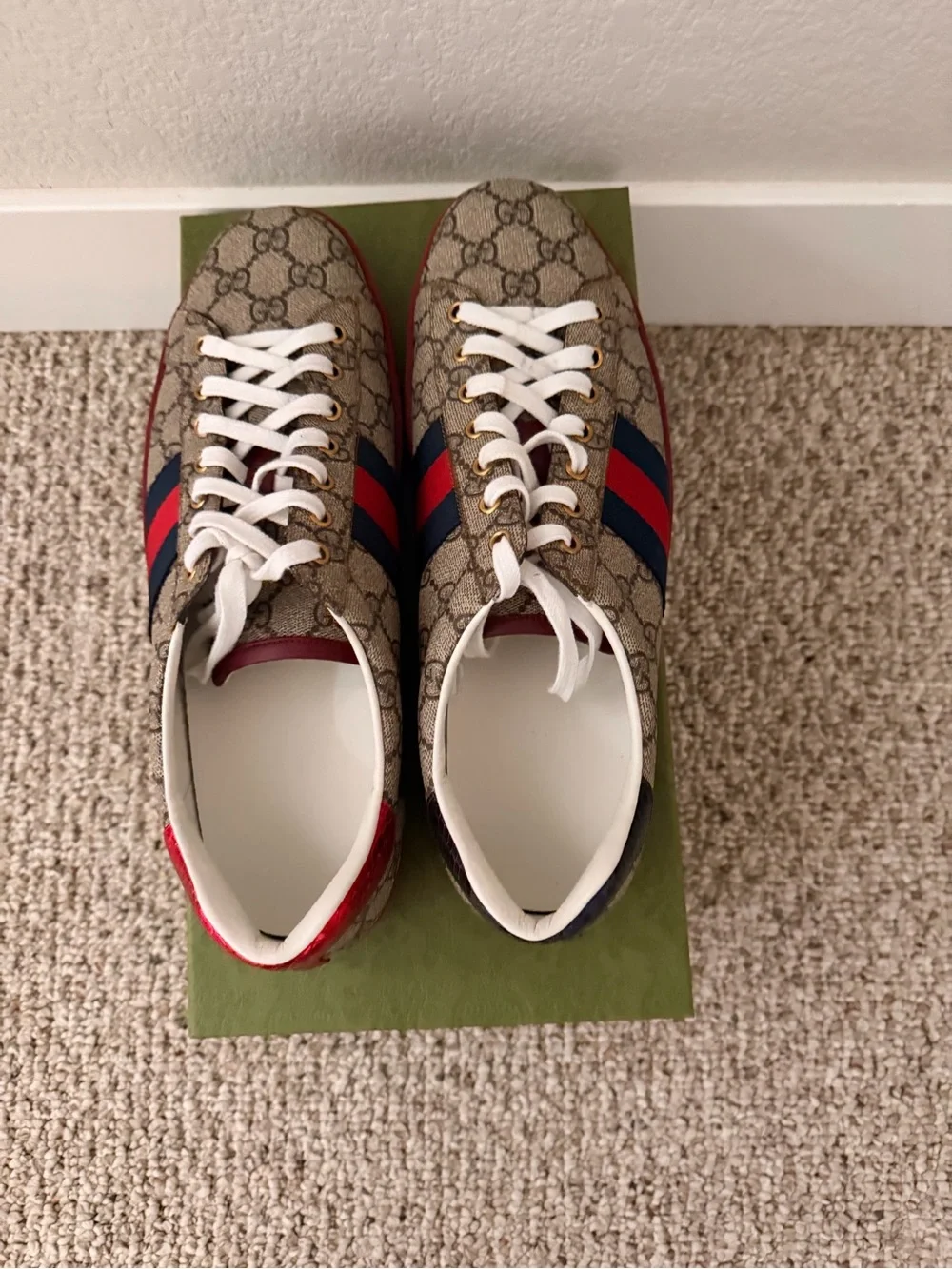 Gucci Beige GG Supreme Canvas Sneaker with Red & Blue Web Stripe