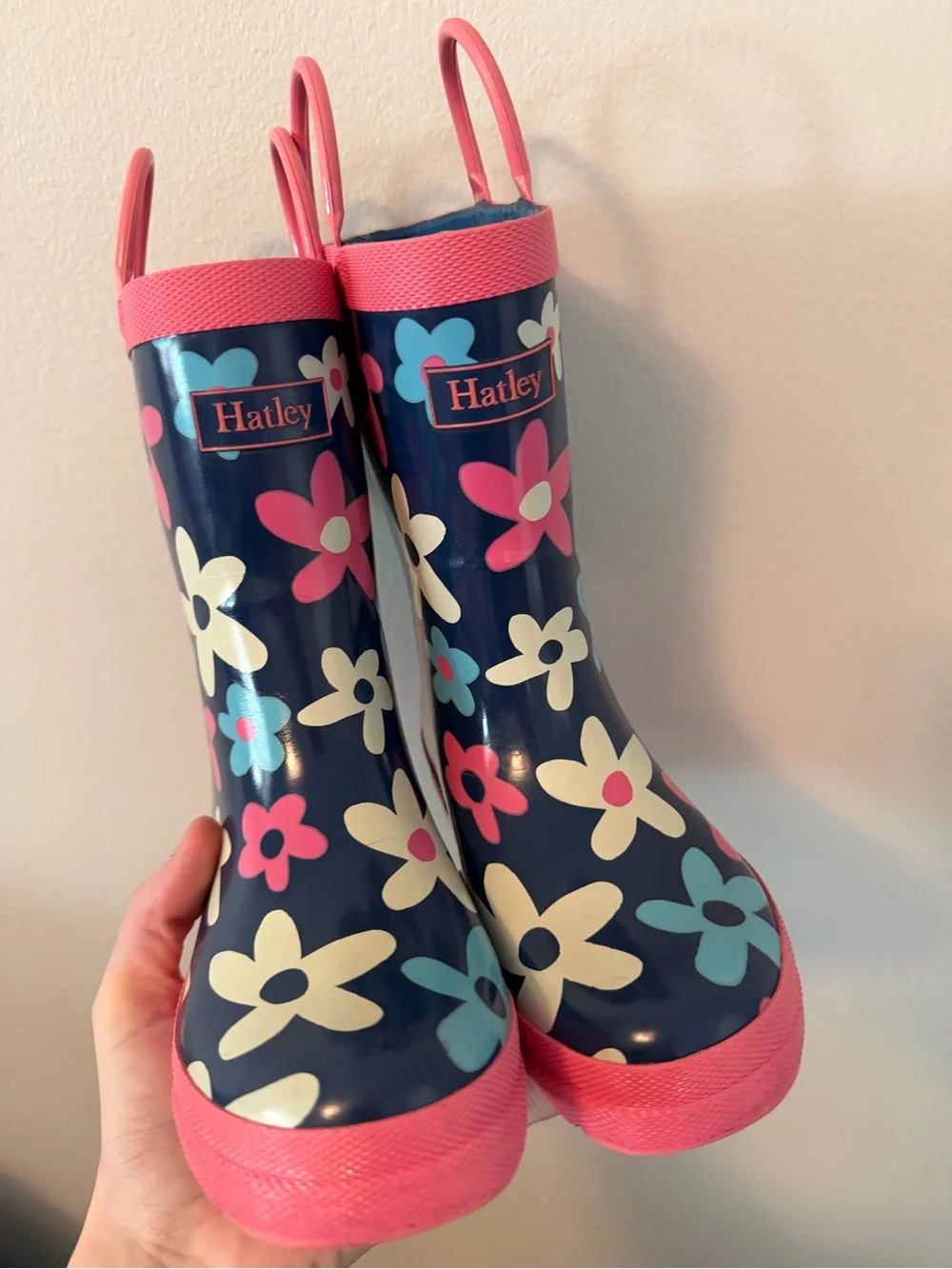Hatley Navy Floral Kids Rain Boots with Pink Trim