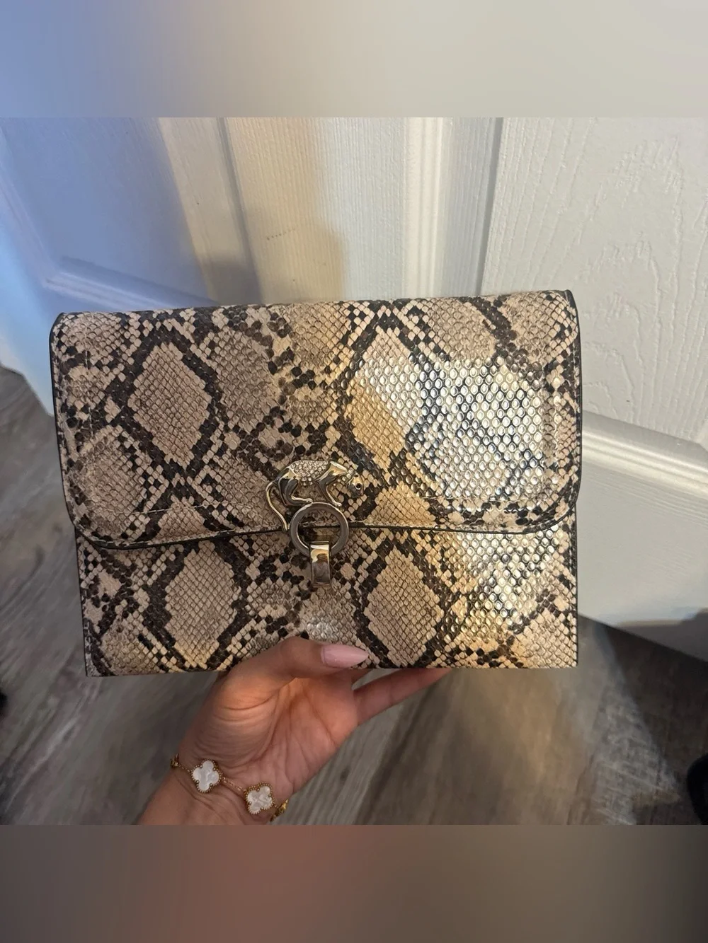 Snake-Embossed Leather Clutch/Crossbody in Neutral Taupe