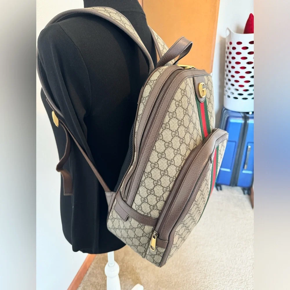 Gucci Beige GG Canvas Backpack with Brown Leather and Red/Green Web