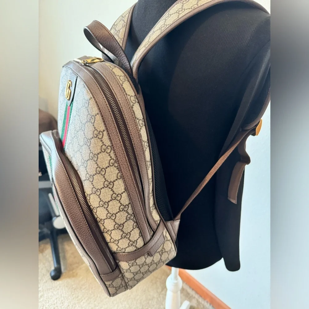 Gucci Beige GG Canvas Backpack with Brown Leather and Red/Green Web