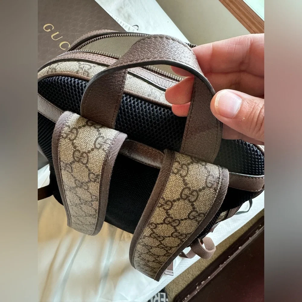 Gucci Beige GG Canvas Backpack with Brown Leather and Red/Green Web