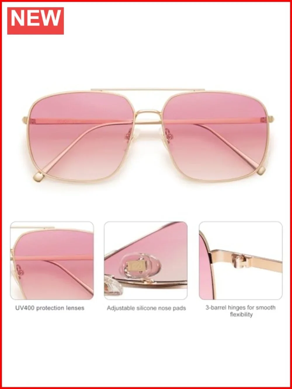 Square Aviator Sunglasses Metal Frame UV400 Protection