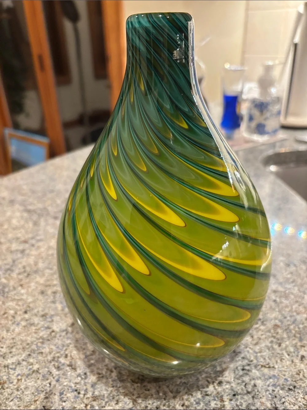 Hand-Blown Green and Yellow Swirl Art Glass Vase