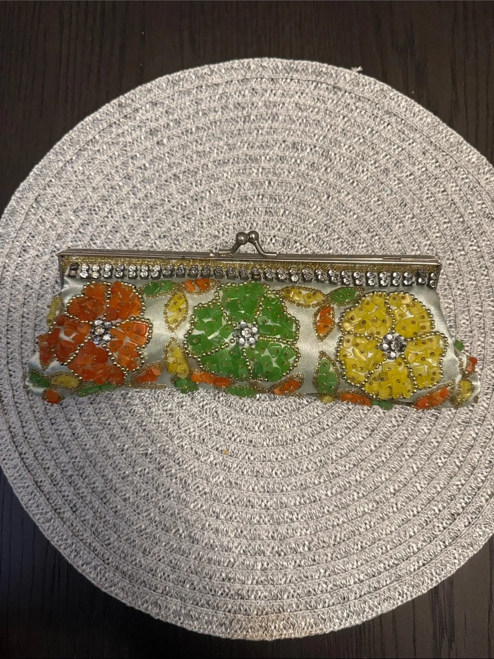 Beaded Floral Clutch in Orange, Green & Yellow
