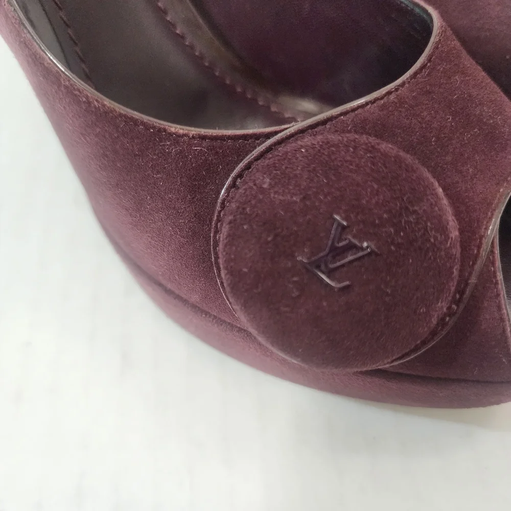 Louis Vuitton Platform Peep Toe Pumps Burgundy Suede Stiletto Heels Size 37