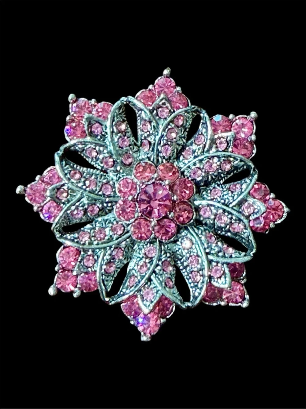 Vintage Silver Pink Rhinestone Floral Starburst Brooch Flower Pin 2