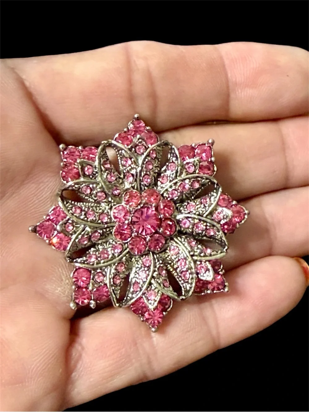 Vintage Silver Pink Rhinestone Floral Starburst Brooch Flower Pin 2