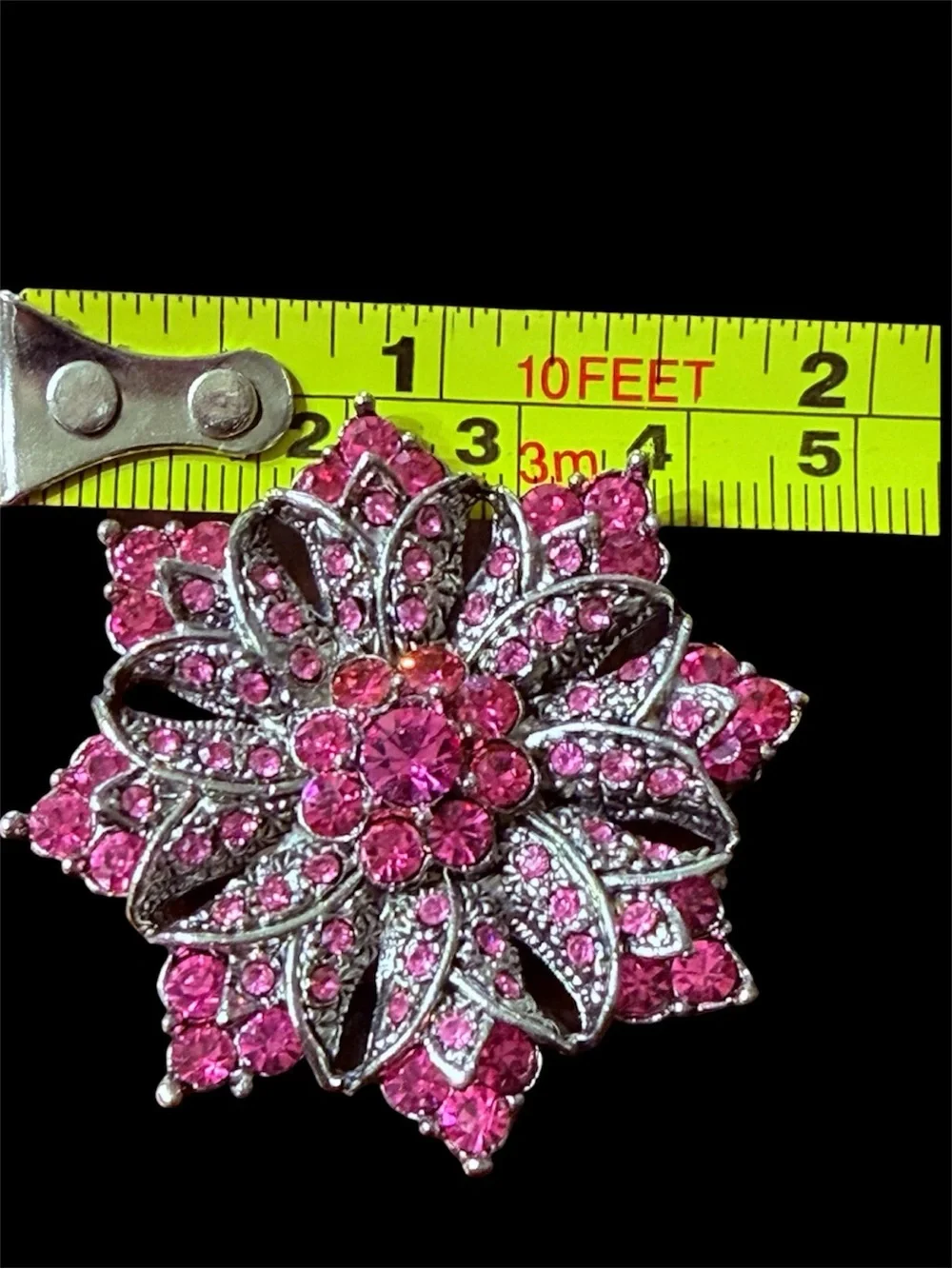 Vintage Silver Pink Rhinestone Floral Starburst Brooch Flower Pin 2