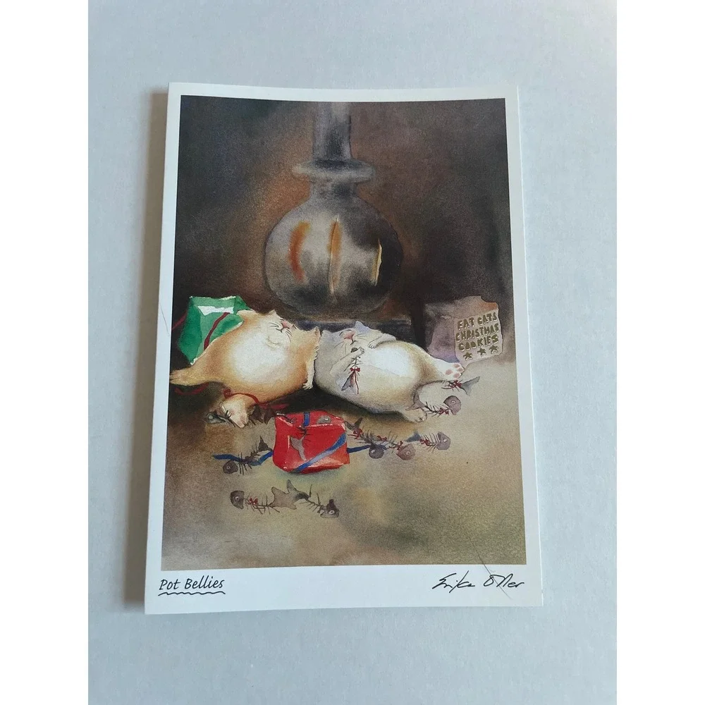Erica Oller Pot Bellies Christmas Greeting Card Fat Cats Watercolor Art Set of 4