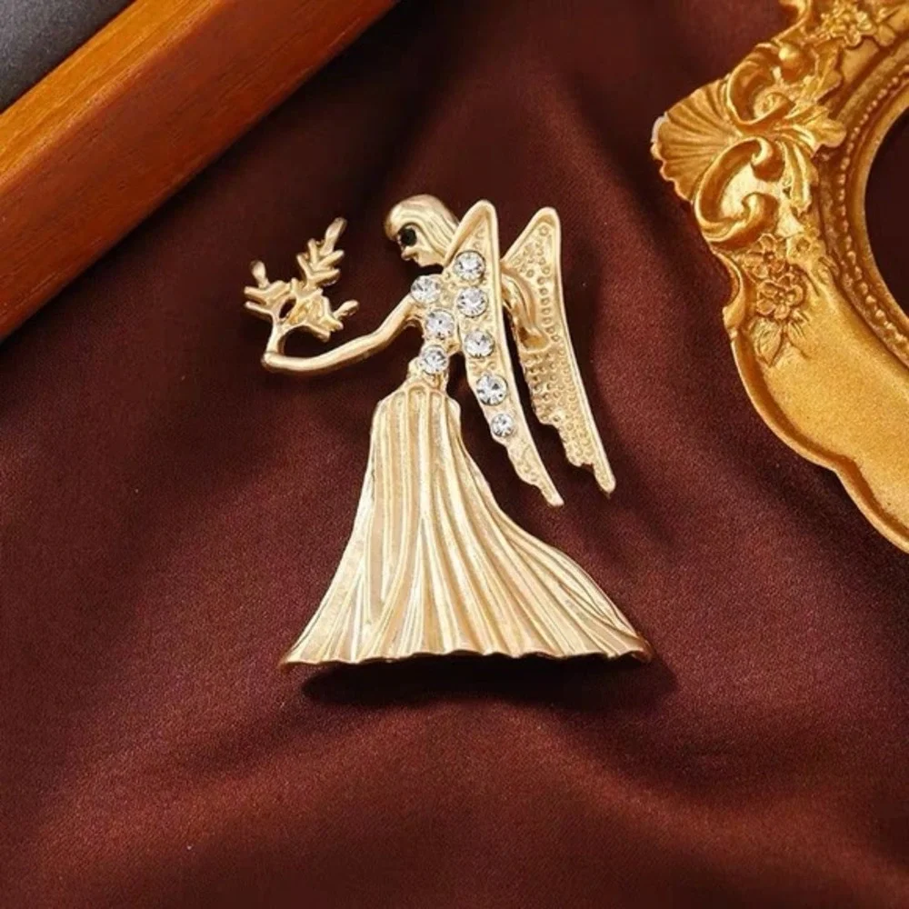 Virgo‎ Angel Brooch Gold Tone Crystal Pin – Zodiac Guardian Gift 3.8×5.3cm