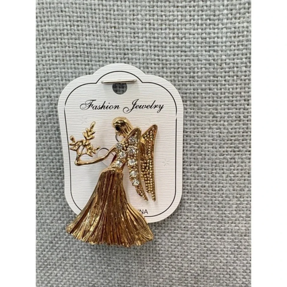 Virgo‎ Angel Brooch Gold Tone Crystal Pin – Zodiac Guardian Gift 3.8×5.3cm