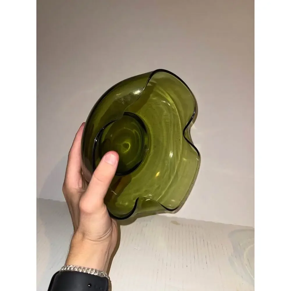 Vintage Anchor Hocking 1960's Olive Green Glass Nesting Bowls Set Ruffled MCM