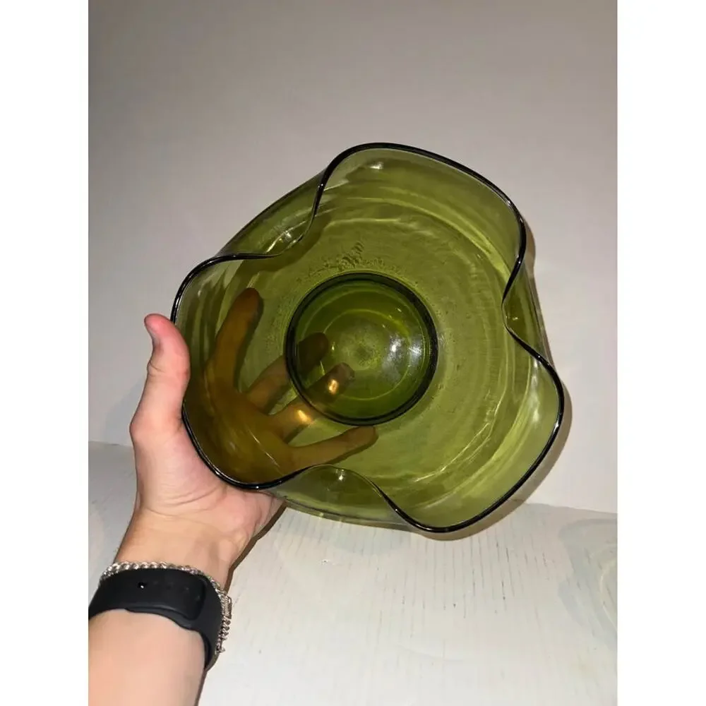 Vintage Anchor Hocking 1960's Olive Green Glass Nesting Bowls Set Ruffled MCM