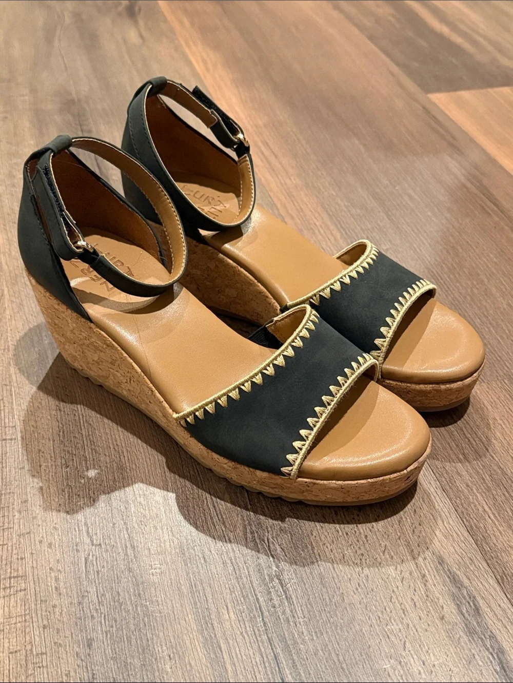 Naturalizer Black Ankle-Strap Cork‎ Wedge Sandals