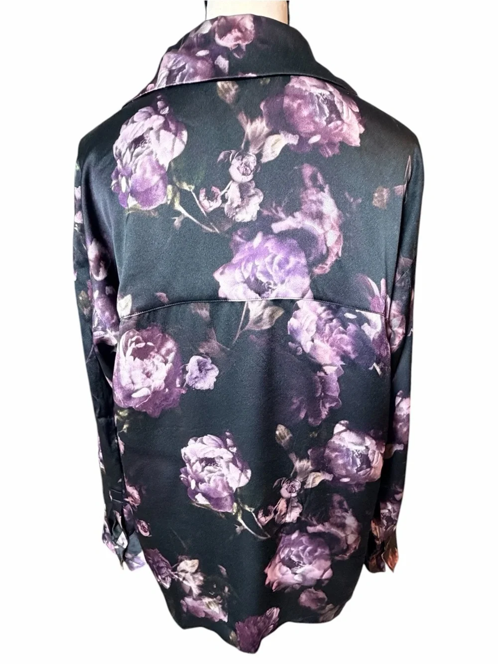 Vince Night Garden 100% Silk Popover Blouse Purple Floral Lapel Collar Size SM