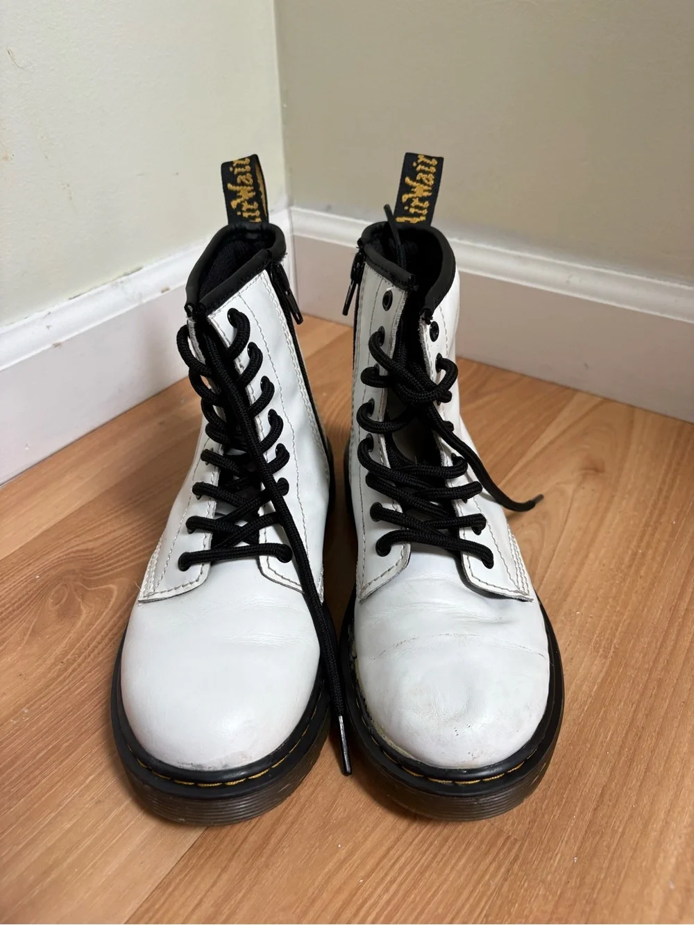 Dr. Martens White Lace-Up Kids Combat Boots with Black Trim