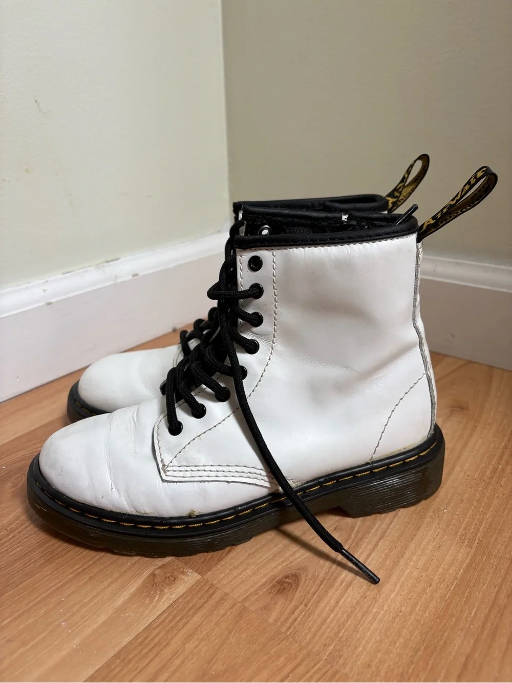 Dr. Martens White Lace-Up Kids Combat Boots with Black Trim