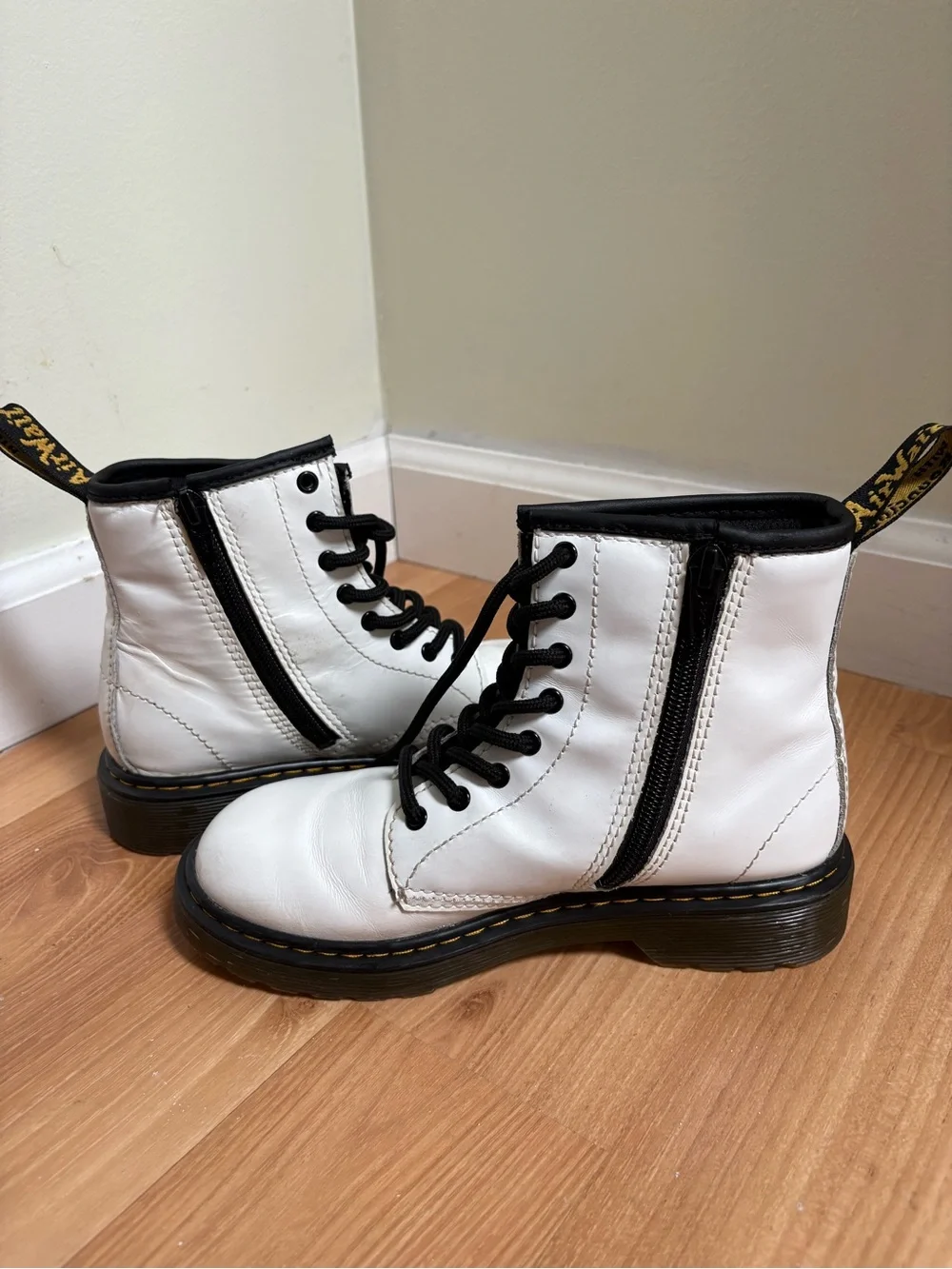 Dr. Martens White Lace-Up Kids Combat Boots with Black Trim
