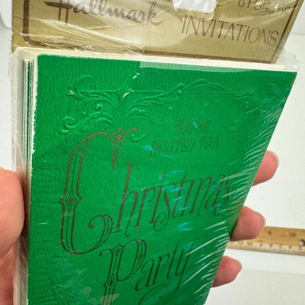 Vtg Retro Hallmark Christmas Party Invitation Green Gold Metallic‎ Elegant Font